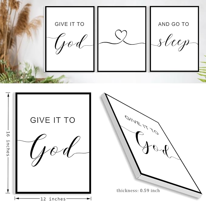 Framed Give it to God and Go to Sleep Signs 36x16”, Above Bed Wall Decors, Black And White Bedroom Decor (12x16 inches, Set of 3, Framed, Black)
