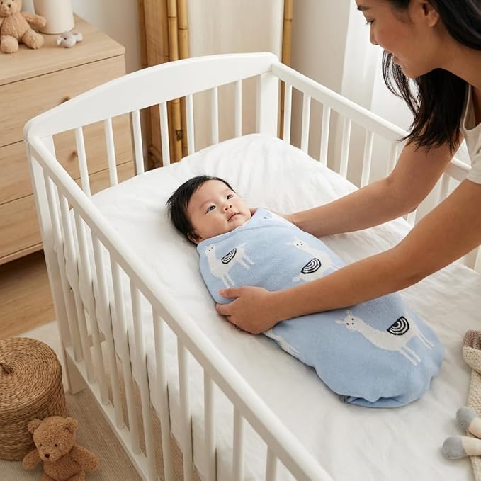 Baby Receiving Swaddle Stroller Blanket - 100% Fine Loomed Cotton Cozy Cuddle Crib Stroller Unisex Quilt Knit Blanket for Newborns Infants Toddler Boys and Girls (Llama - Baby Blue)