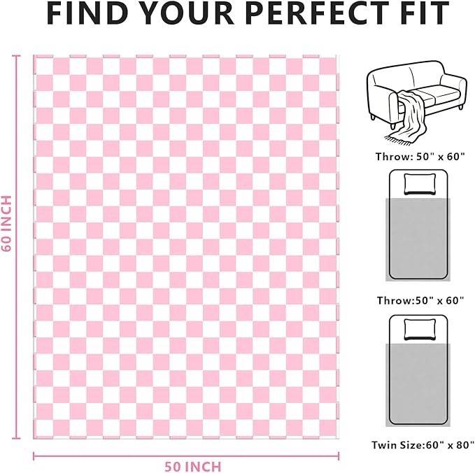 Pink Checkered Blanket, Ultra Soft Fleece Checkered Throw Blankets for Couch Bed and Travel, Luxury Throws for All Seasons, 50x60 Inch, Pink