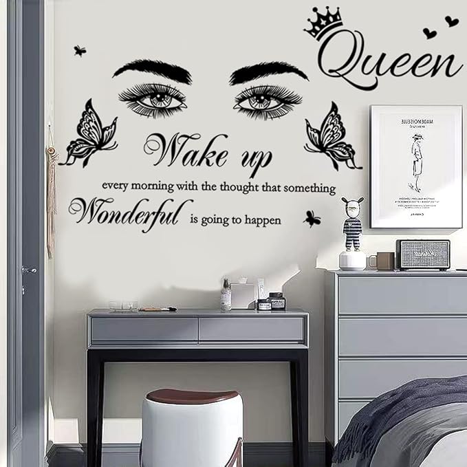 Inspirational Quote Wall Decal Wake up Every Morning with The Thought That Something Wonderful is Going to Happen Vinyl Beauty Eyes Wall Sticker Removable Motivational Art Letters Queen Decals for