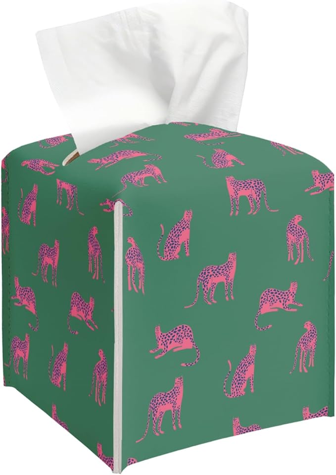 Pink Green Cheetah Tissue Box Cover, Modern Tissue Holder Square with Bottom Belt for Home Bathroom Office Car Nightstand Vanity Desk, Housewarming Gifts Ideas for Women Friends Mom -20