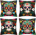 Set of 4 Day of The Dead Skull Linen Pillow Covers 18x18inch, Mexican Style Throw Pillowcase Dia De Los Muertos Decorative Skull with Colorful Floral Cushion Cover for Halloween Outdoor Home Bed Sofa