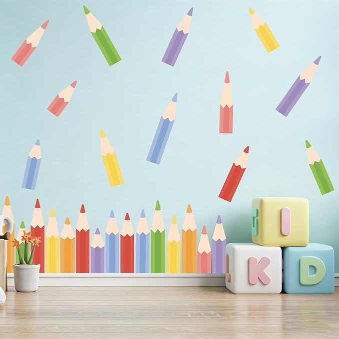 Colored Pencils Wall Decals - 9 Sheets 27 Pcs Colorful Pencil Wall Stickers Peel and Stick Classroom Wall Decor for Back to School Preschool Playroom Nursery