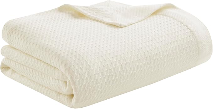 Madison Park 100% Egyptian Cotton Lightweight Summer Blanket, Breathable Waffle Knit Design, Soft Cozy All-Season Throw for Bed, Couch or Sofa, Blue Full/Queen Size (90"x90")