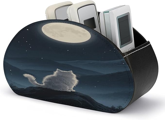 Lonely Cat Moon Remote Control Holder Organizer Box with 5 Compartment PU Leather Bedside Storage Caddy Remote Organizer for Controller Media Player Pen/Pencil Storage