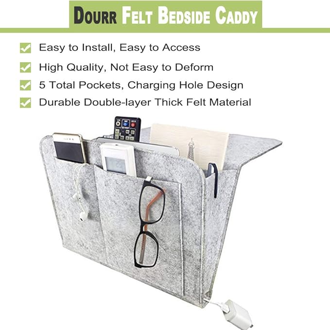 DOURR Felt Bedside Caddy Bed Dorm Bunk Organizer Storage Pocket for Organizing Tablet Magazine Phone Small Things Holder (Gray)