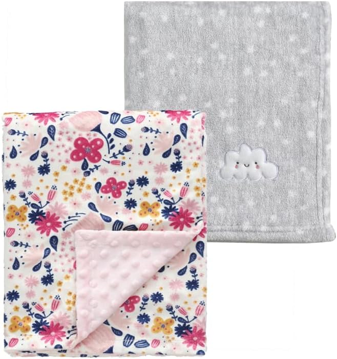 CREVENT 2Pcs 30''X40'' Cute Cozy Fluffy Warm Baby Blankets for Infants Toddlers' Bedding Crib Cot Stroller - Grey Cloud + Minky Flower