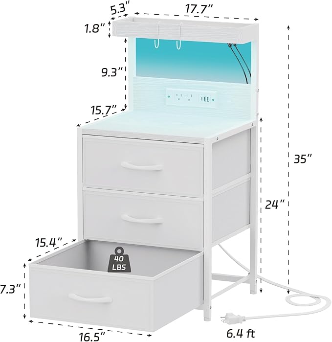 Night Stand with Charging Station Set of 2, LED Nightstand Bedside Table with USB Ports and Outlets, 3 Fabric Drawer End Side Table Dresser for Bedroom with Storage Shelf and 2 Hooks, White