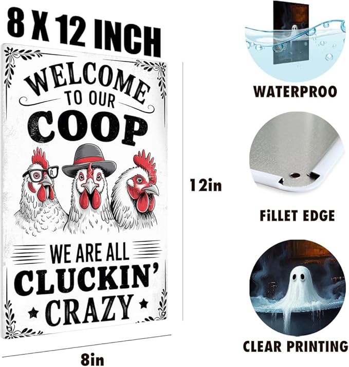 Funny Chicken Coop Sign Welcome To Our Coop Decorative Metal Tin Sign for Farm Garden 8 x 12 Inch