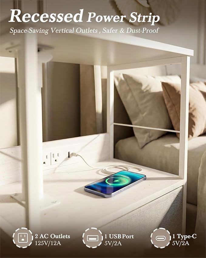 360° Swivel Nightstand with Height Adjustable, Lift Top Bedside Table with Charging Station, Rolling Night Stand with Fabric Drawer, End Table with Wheels, for Bedroom, Living Room, White Gray