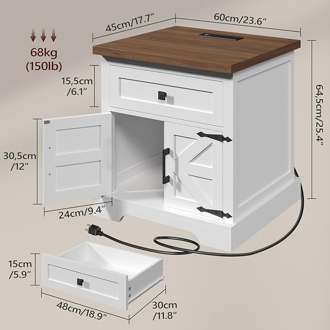 Farmhouse End Table with Charging Station, 23.6" Large End Tables Living Room, Sofa Side Table with Barn Door, Wooden Rectangular Nightstand Bedside Table with Drawer, Walnut ETBZ157E01