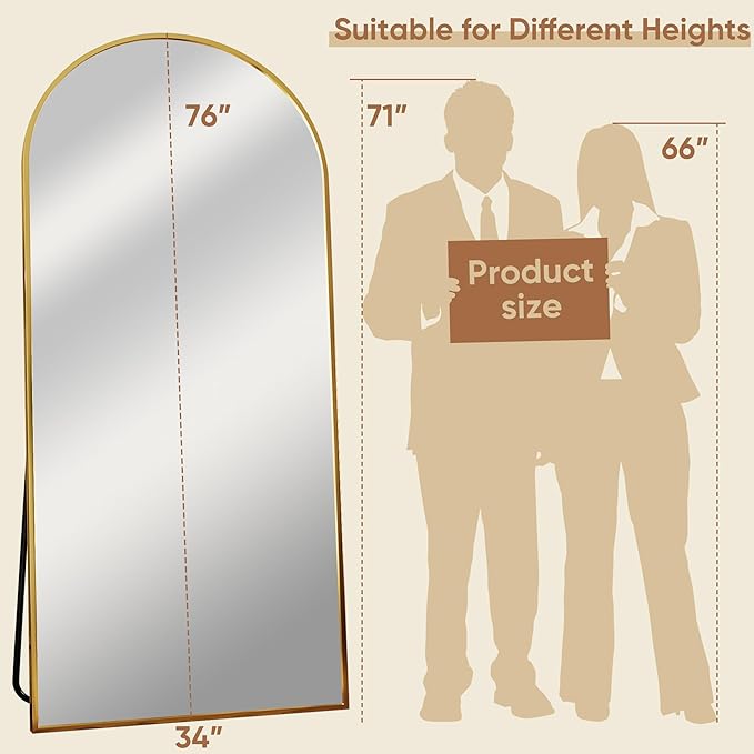 Full Length Mirror, 76"x34" Oversized Arched Mirror Large Standing Mirrors, Tall Mirrors Body Floor Mirror for Bedroom Living Room Aluminum Frame,Gold