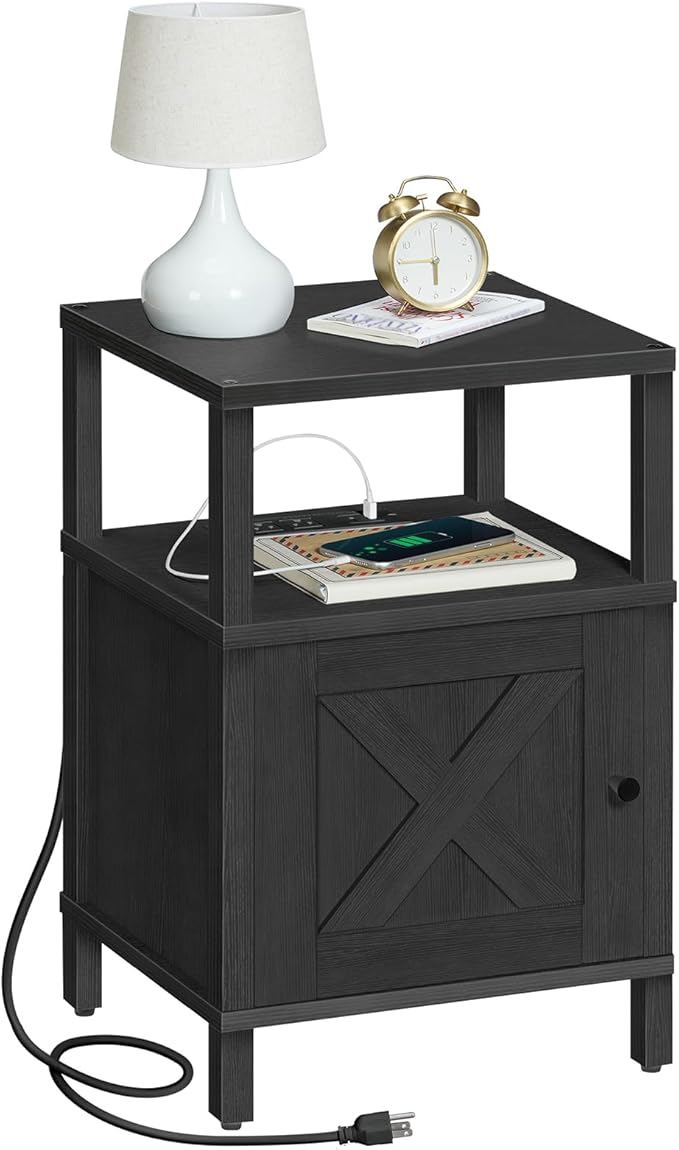 Farmhouse Nightstand with Charging Station, Black Bedside Table with USB&Type-C Ports and Outlets, End Table with Storage, Night Stand for Bedroom, Black ETBK96E01