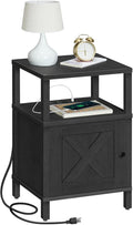 Farmhouse Nightstand with Charging Station, Black Bedside Table with USB&Type-C Ports and Outlets, End Table with Storage, Night Stand for Bedroom, Black ETBK96E01
