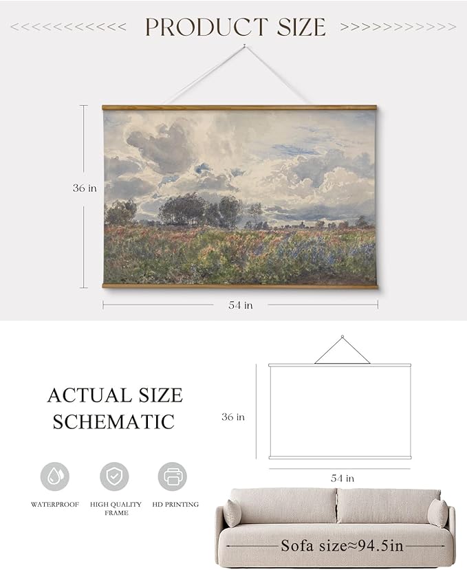 ARPEOTCY Extra Large Vintage Framed Wall Art, 36x54 Inch Farmhouse Retro Watercolor Sky Field Landscape Hanging Wall Art, Large Rustic Canvas Home Decor Aesthetic for Living Room Bedroom Office