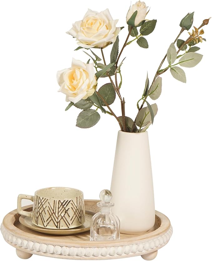 Decorative Coffee Table Tray, Round Wooden Tray Decor Log Beaded Distressed Rustic Farmhouse Centerpiece for Living Room Entryway Kitchen Counter Candle Holder Organizer