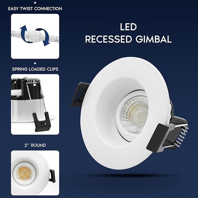 LUXRITE 2-Inch Regressed Gimbal LED Recessed Light, 5 Color Selectable 2700K-5000K, 6 Watts, 400 Lumens, Ceiling Spotlight 360º + 30º Rotation, Dimmable, CRI90, IC & Wet Rated, ETL Listed (4 Pack)