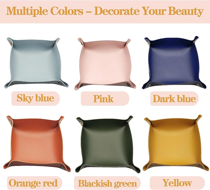 6 Pcs PU Leather Jewelry Valet Tray for Women and Men, Portable Entryway Table and Bedside Nightstand Desk Catchall Travel Dish Plate for Key,Wallet, Watch,Coin,Sun Glasses,USB Cables etc.