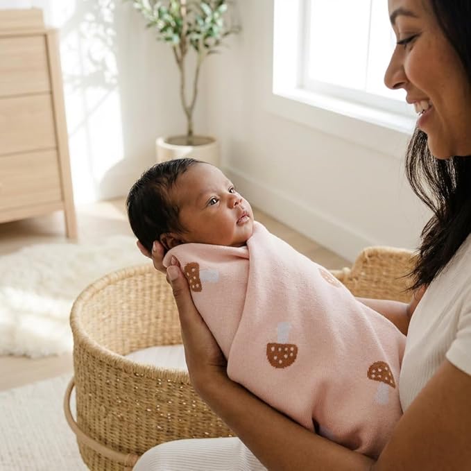 Swaddle Blanket for Girls 100% Cotton Buttery Soft Cozy Receiving Swaddle Crib Stroller Blanket for Shower Gift Registry for Newborns, Infants, Toddlers (Mushroom - Pink)