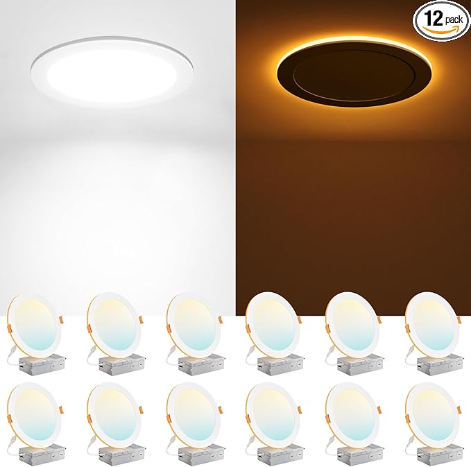 Amico 12 Pack 8 Inch 5CCT LED Recessed Ceiling Light with Night Light, 2700K/3000K/3500K/4000K/5000K Selectable Ultra-Thin Recessed Lighting, 18W=120W, 1600LM, Dimmable Canless Wafer Downlight ETL&FCC