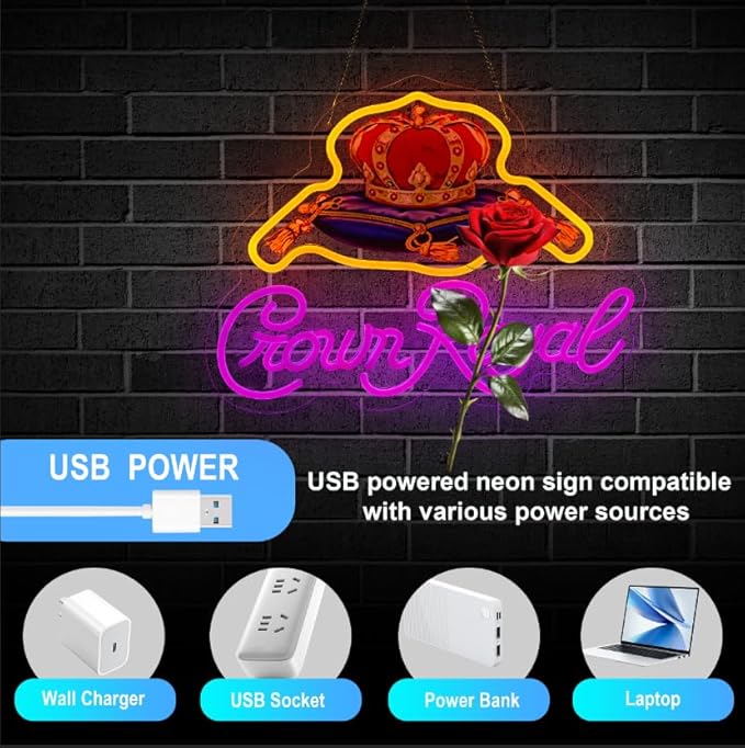Neon Sign for Wall Décor Crown Art Neon Light Whiskey LED Signs with Dimmer for Man Cave Beer Bar Decor(17x13inch)
