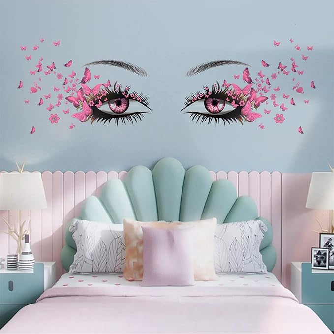Beautiful Eyelash Eyes Wall Stickers Flying Butterfly Decals Girl Heart Decor Vinyl Art Butterflies Stickers for Women Girls Bedroom Living Room Decoration
