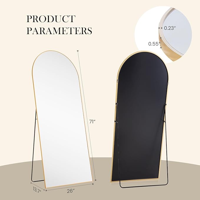 NEWBULIG Arched Full Length Mirror 71.1"x26" for Bedroom, Full Body Mirror with Stand, Hanging or Leaning for Wall, Aluminum Alloy Thin Frame Floor Standing for Living Room, Long, Classical Gold