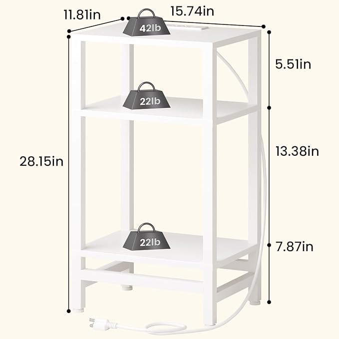Side Table with Fast Charging Station, 3 Tier Tall End Table for Small Space, Narrow Side Table with Type C and USB Port, End Tables for Living Room Bedroom, Office, Nursery, White