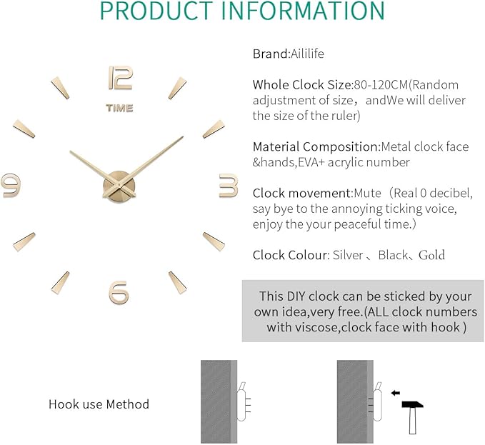 AILILIFE 3D DIY Wall Clock Decor Sticker Mirror Frameless Large DIY Wall Clock Kit for Home Living Room Bedroom Office Decoration (Gold)