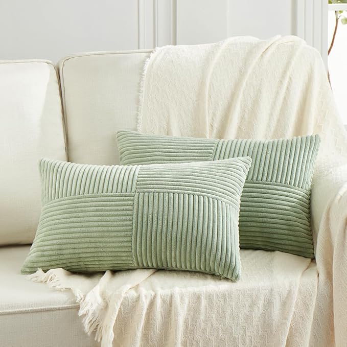 Fancy Homi 2 Packs Sage Green Long Lumbar Decorative Throw Pillow Covers 12x24 Inch for Couch Bed Sofa, Rustic Farmhouse Boho Home Decor, Soft Striped Corduroy Rectangle Accent Cushion Case 30x60 cm
