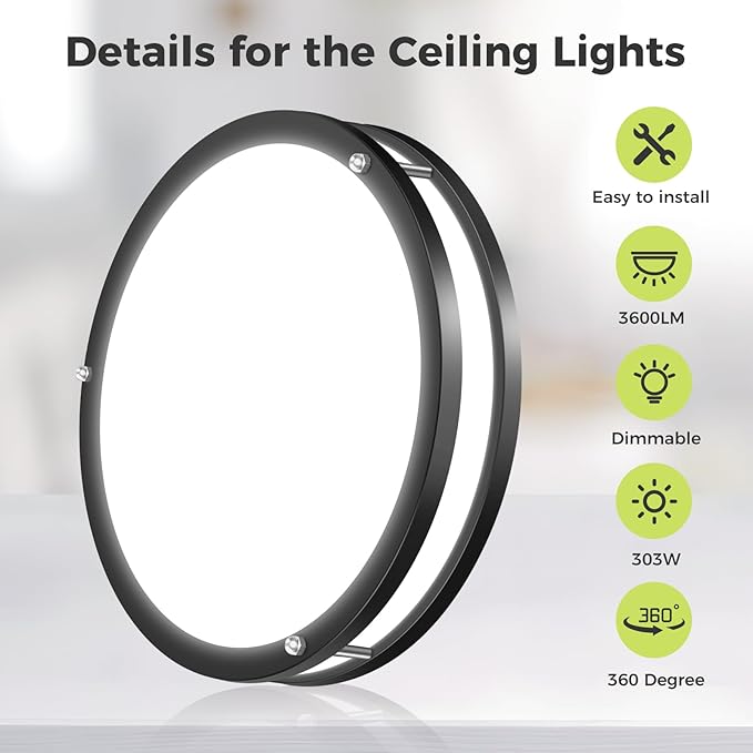hepside 1 Pack Flush Mount Ceiling Light Fixture, Dimmable & 5CCT Ceiling Light Black, 16inch 36W 3000K 3500K 4000K 5000K 6500K Adjustable Ceiling Lamps for Kitchen Bathroom Bedroom Hallway