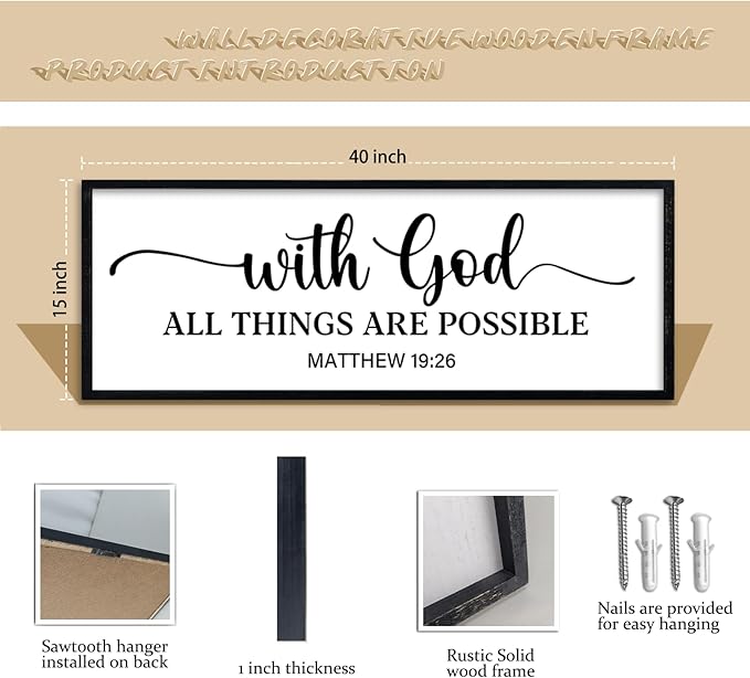 comurdyo With God All Things are Possible Wall Decor 40"X15" Matthew 19:26 Sign Bible Verse Large Wooden Framed Christian Scripture Prayer Wall Hanging Art (Black)