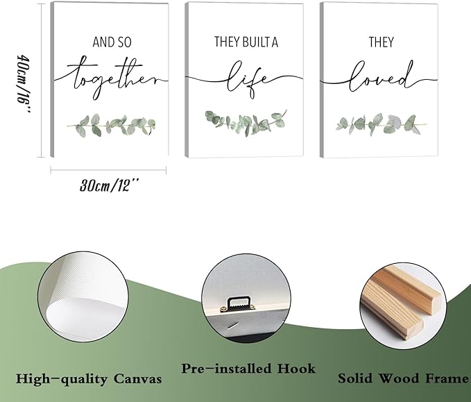 And So Together They Built A Life They Loved Wall Decor: 3 Piece Eucalyptus Pictures Wall Art Canvas Prints 12"x16",Sage Green Botanical Decor for Modern Farmhouse Living Room Master Bedroom
