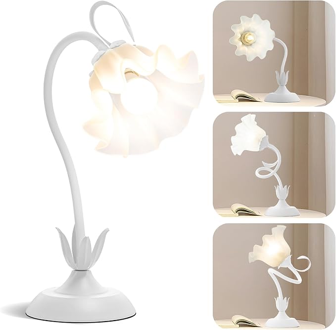 Flower Table Lamp, LED Reading Light Vintage Bedside Table Lamp with 3 Color Modes for Nightstand, Kawaii Decoration for Home Bedroom Living Room (White)