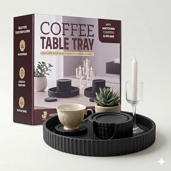 Decorative Coffee Table Ottoman Tray with Coasters | Modern Neutral Home Decor Accent | Console Table Decor | Kitchen Table Centrepiece | Luxury Apartment Decor | Decorative Centerpieces for Tables