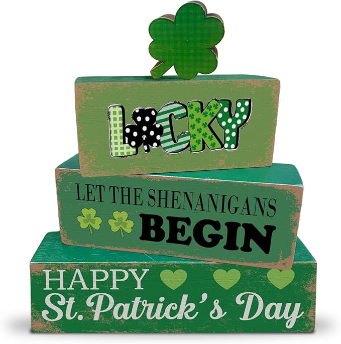 4 Pcs St. Patrick's Day Table Decoration Wooden Lucky Shamrocks Block Signs Happy St. Patrick's Day Table Centerpiece Irish Tiered Tray Decor for Desktop Shelf Mantel Farmhouse Home Decor