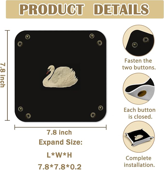 Vintage Swan Leather Jewelry Valet Tray, Antique Classical Elegant Swan PU Leather Catchall Beside Caddy Nightstand Organizer Tray for Jewelry Rings Watches Keys and Accessories, 7.8x7.8inch