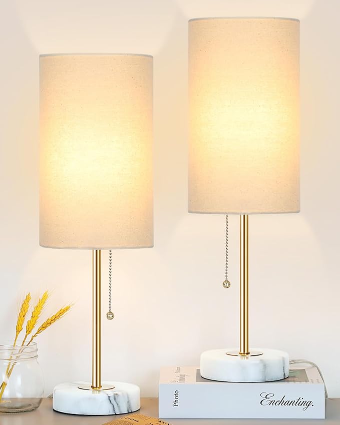 Bedside Table Lamp with Marble Base: Pull Chain Switch 3-Way Dimmable | Linen Fabric Shade & Golden Pole Small Nightstand Lamps 18.5 Inches for Bedrooms, Office, Dinning Room, Set of 2
