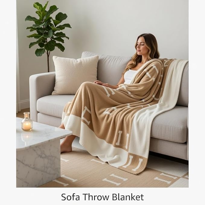 h Blanket Soft Throw Blanket Faux Fleece Cashmere Plaid Warm Shawl Thick Knitted Plush Cozy Comfy for Women Throw Blanket for Sofa Couch Bed Queen King Size 55x66 in (Khaki-2)