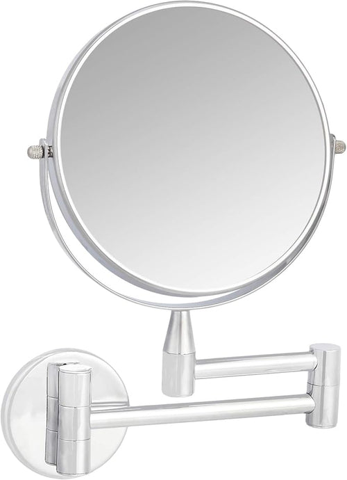 Amazon Basics Wall Mount Round Vanity Mirror with 360° Rotation, Double Sided, 1X/5X Magnification, Adjustable, 12.8"L x 10"W, Chrome