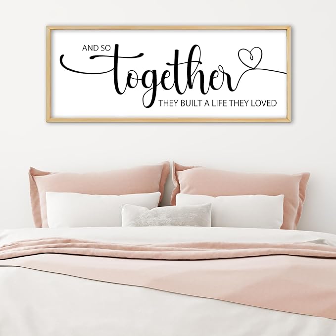 And So Together They Built A Life They Loved Sign Wall Decor 40"x15" Above Over Bed Master Bedroom Large Wood Framed Wall Hanging Art (Wood)