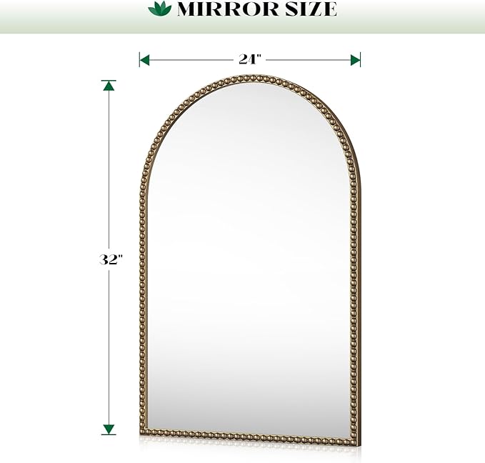 Arched Beaded Mirror for Bathroom, 24"x32" Antique Gold Arch Vanity Wall Mirror, Retro Brass Metal Frame Champagne Bronze Mirrors for Bedroom Dressing Room Entryway Fireplace