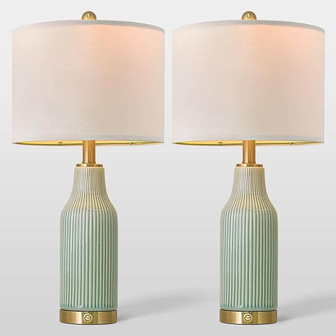24.5" Modern 3-Way Dimmable Touch Control with 5FT Cord and USB A+C Ceramic Lamps Set of 2 Table Lamp for Living Room Bedroom Farmhouse Nightstand Bedside Green