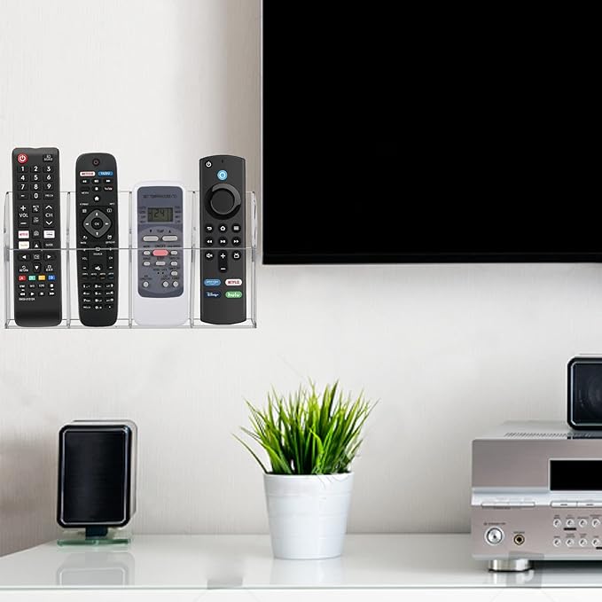 HBlife Acrylic Remote Holder Organizer, Clear TV Remote Control Wall Mount Caddy for Bedside, 4 Compartments
