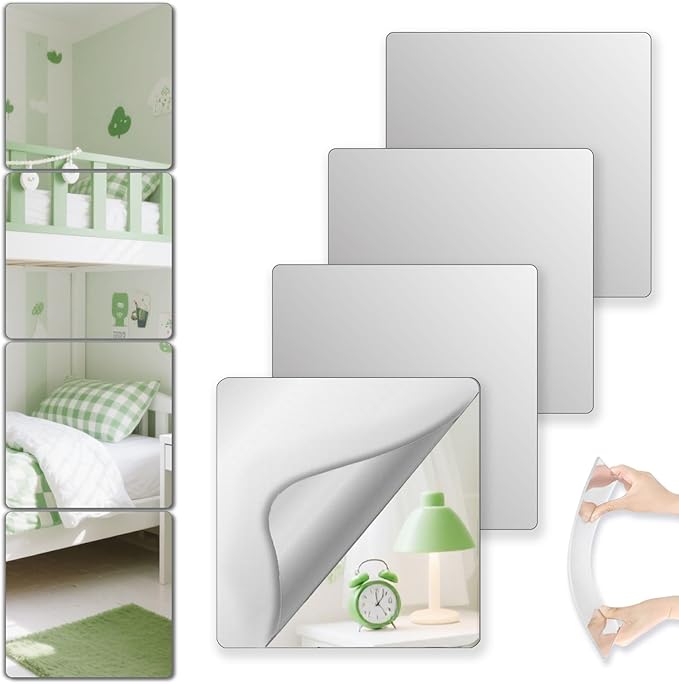 Shatterproof Peel And Stick on Mirror Tiles for Wall Decorative, 4 pcs 10”x10” Unbreakable Small Mirrors For Wall Classroom Decor, Toddlers Mirror for Kids Bedroom, Plastic Door Adhesive Mirrors
