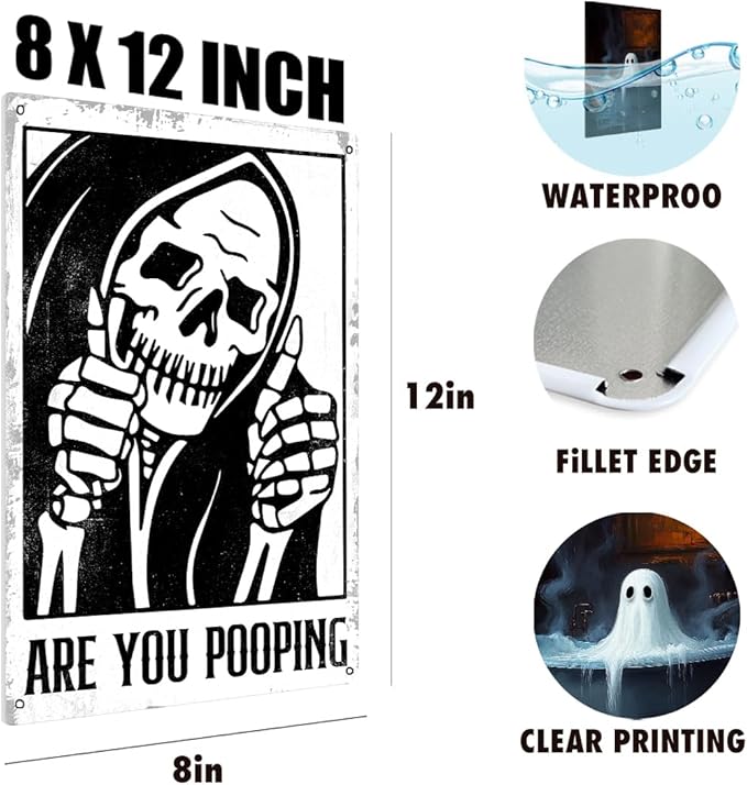 Funny Gothic Bathroom Home Decor Metal Tin Sign: Funny "Are You Pooping?" Bathroom Wall Art Decor Sign for Skull Lovers 8 X 12 Inch
