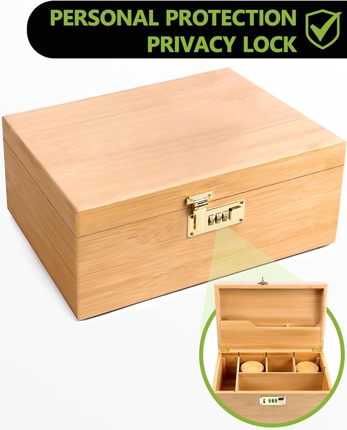 OZCHIN Large Bamboo Box with Combination Lock Decorative box for Home Great Gift Choice Storage Lockbox with Storage Jar, Gifts for Men Women (Brown, 12 x 7.6 x 5.1)