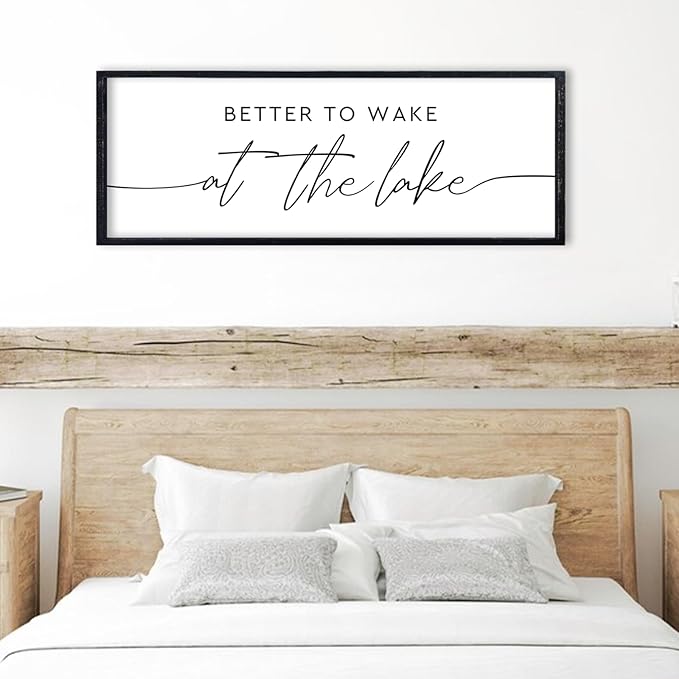 comurdyo Better To Wake At The Lake Above Bed Wall Art Decor 32"×12" for Lake House Bedroom Over Bed Sign Wood Framed Large Wall Hanging (Black)