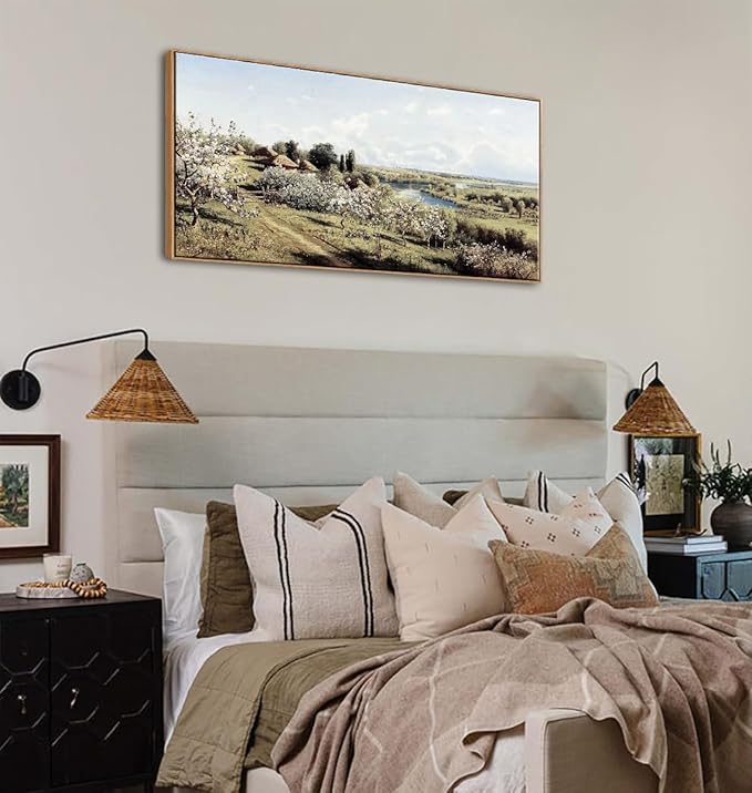 DJSYLIFE Framed Canvas Wall Art Vintage Apple Blossoms Wall Picture Rustic Nature Landscape Painting Canvas Print Large Countryside Farmhouse Artwork Home Living Room Bedroom Decorations 20"x40"