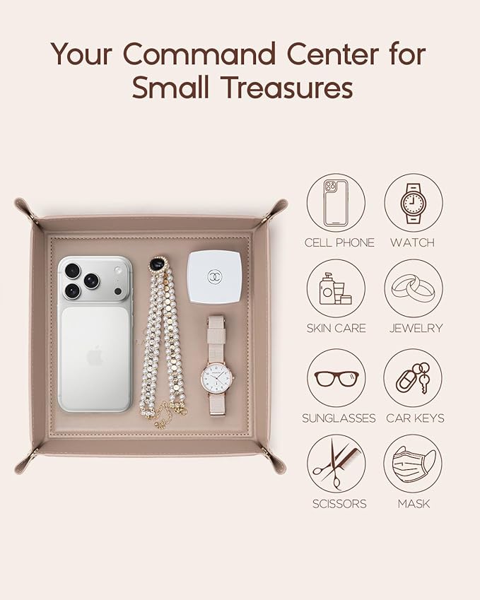 VLANDO Valet Tray for Men Women, Nightstand Organizer Vanity Catchall Holder for Dresser Desk Storage Bedside, PU Leather Travel Jewelry Key Bowl for Watches, Candy Entryway - Large, Toffee